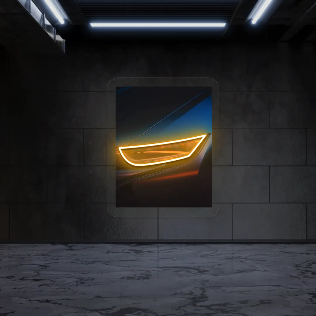 Sports Car Headlight Neon Artwork | Orange