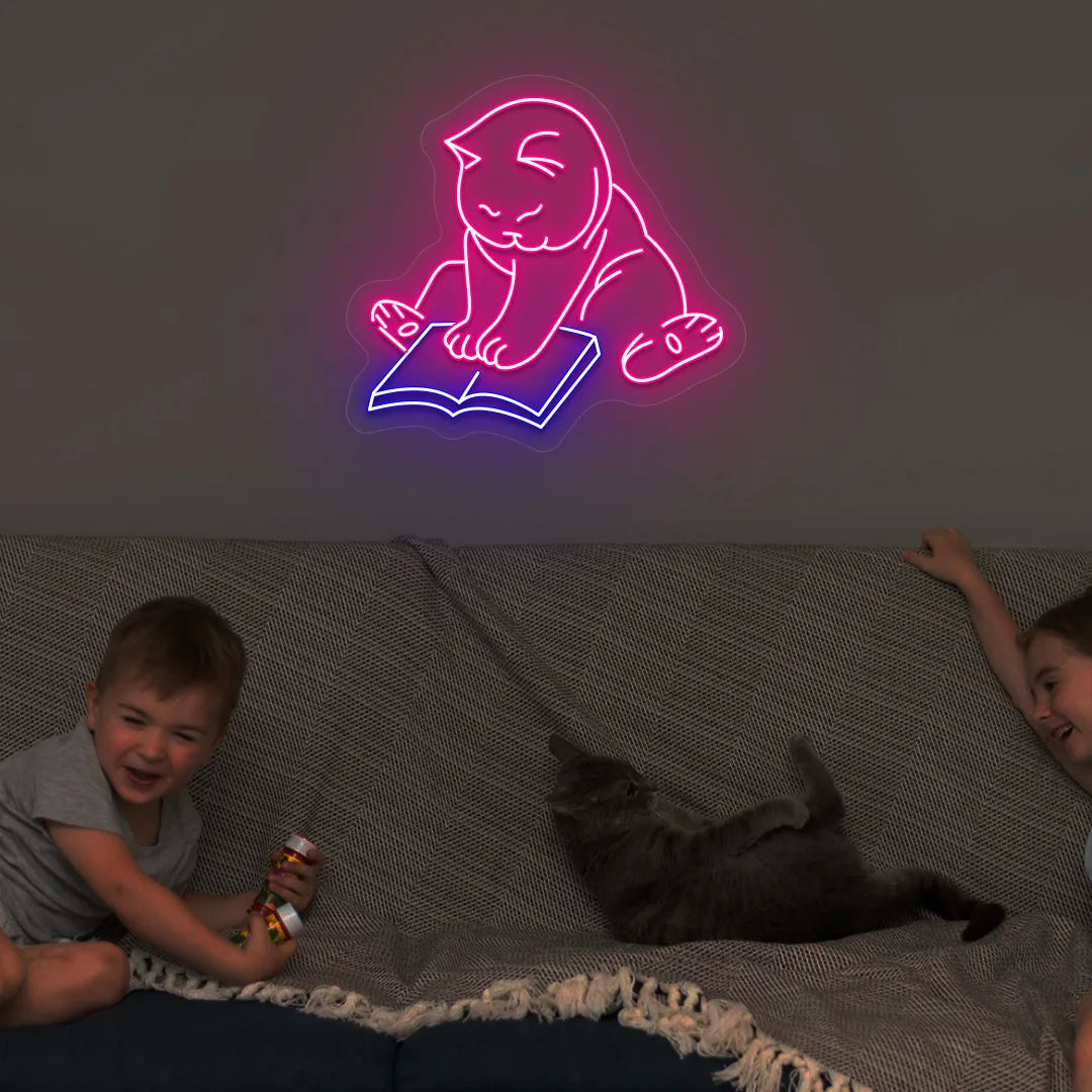 Bookworm Cat Neon Sign | blue