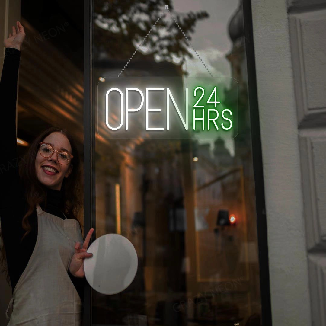 24 Hours Open Sign with Clock - Multicolor | White-Green