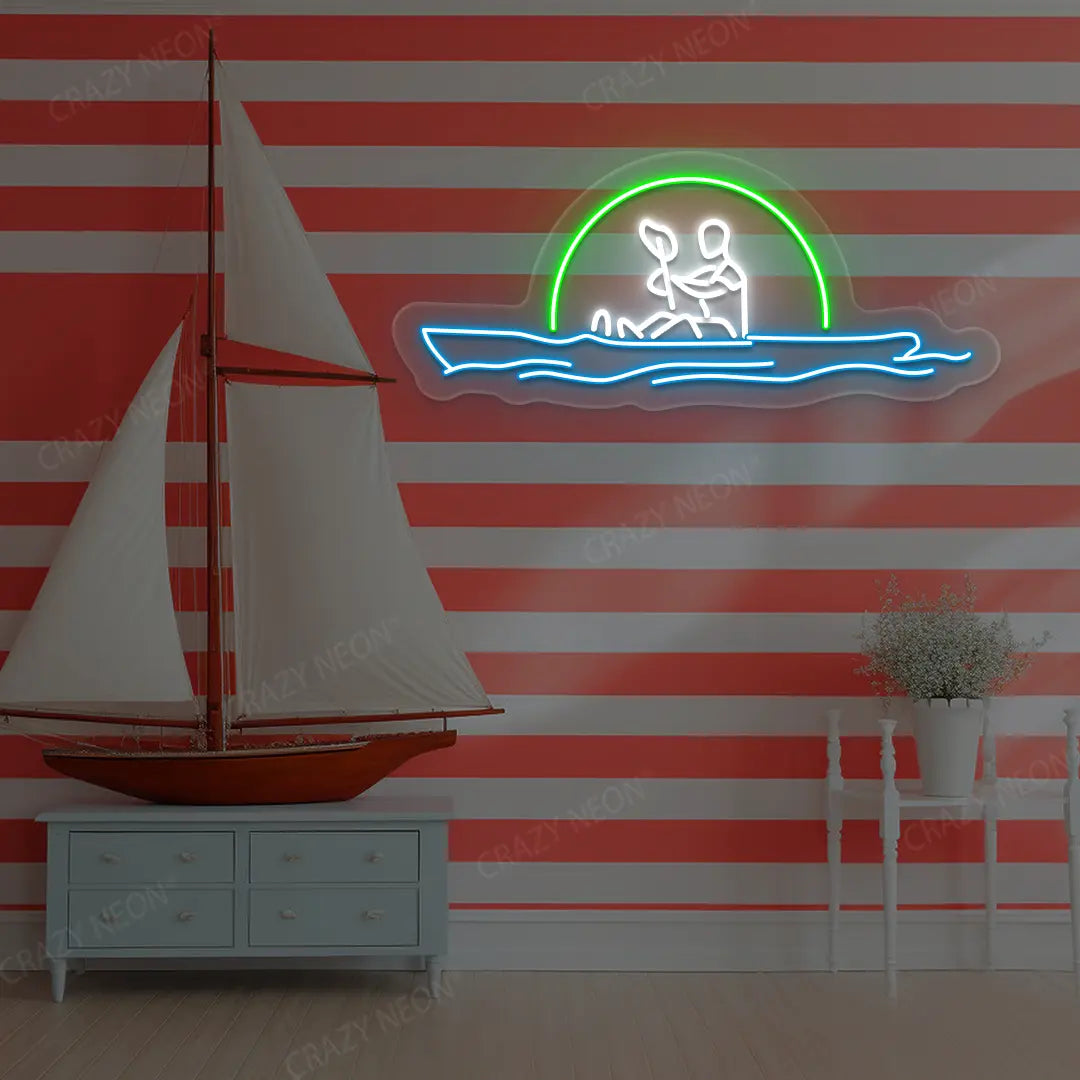 green white and ice blue sunset kayaking minimal neon sign mounted on a wall