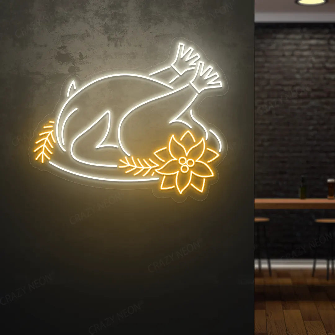 Festive turkey neon sign in white and orange