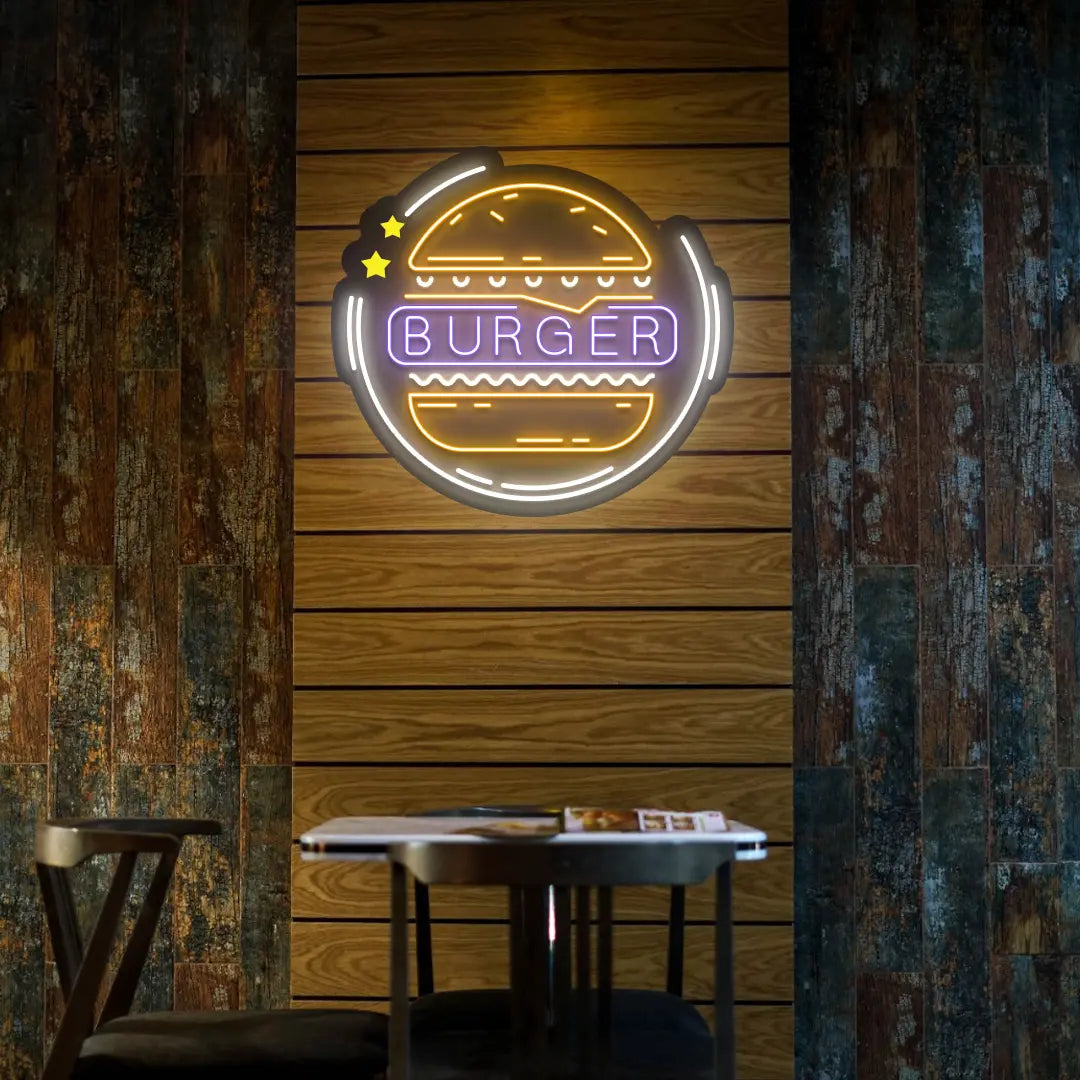 purple orange and white burger buzz neon sign mounted on a wall