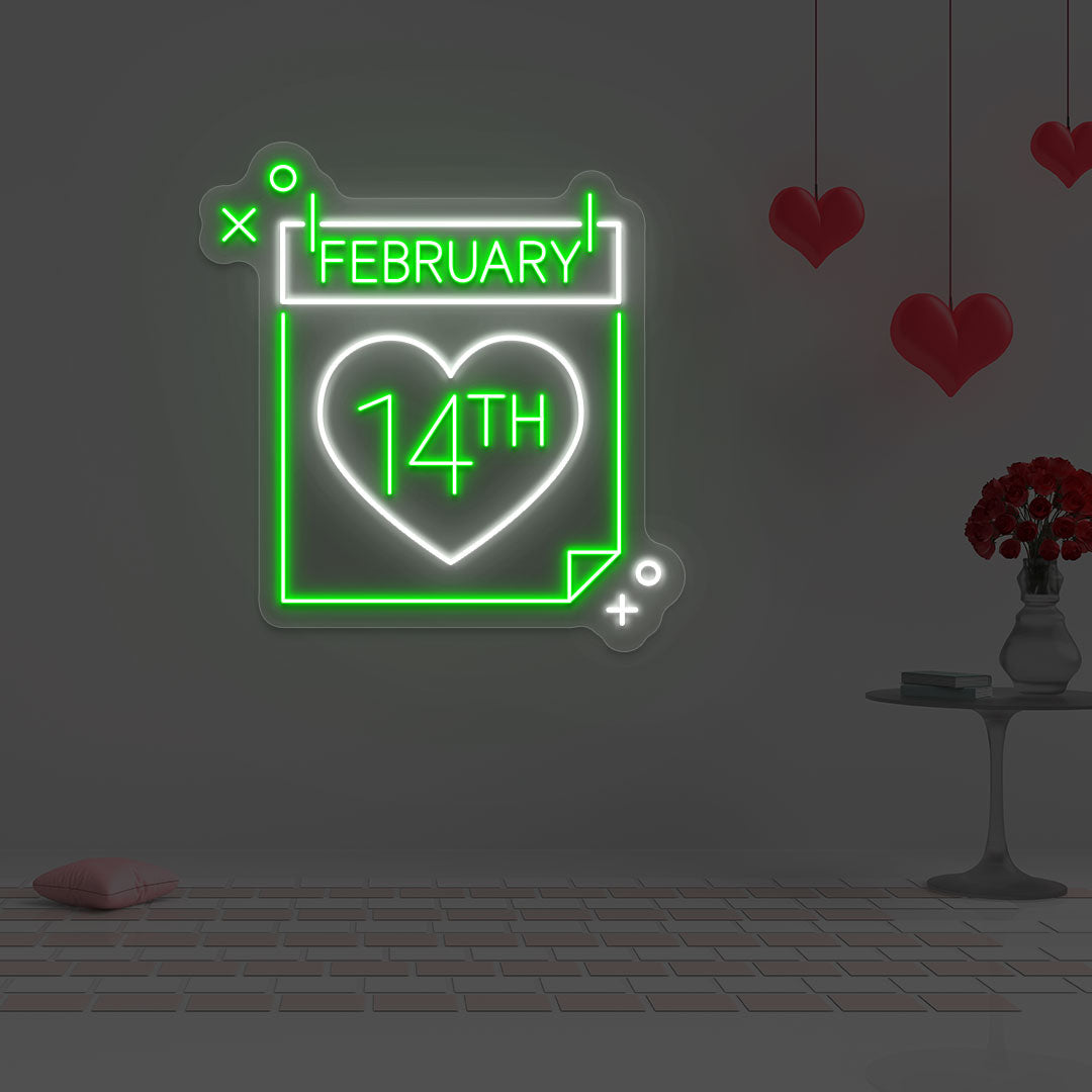 14 February Calendar Neon Sign | Green