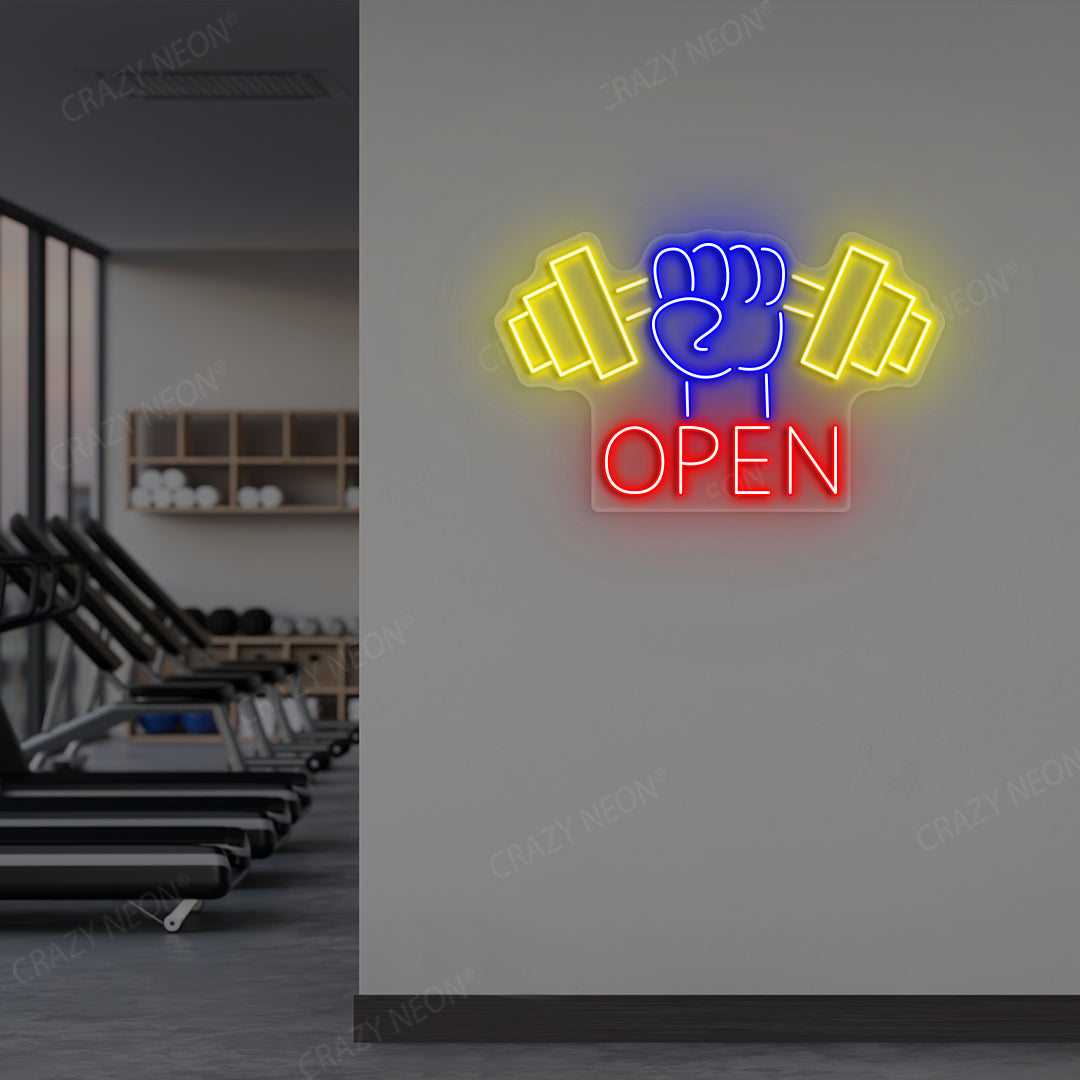 multi color open gym neon sign mounted on a wall