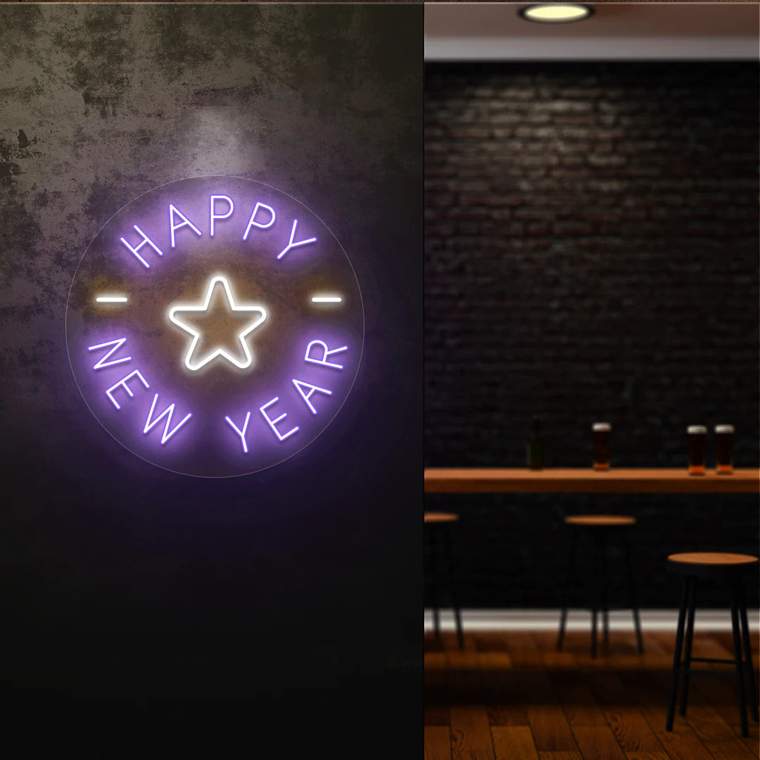 Round Happy New Year neon sign with purple and white star design glowing on a dark wall