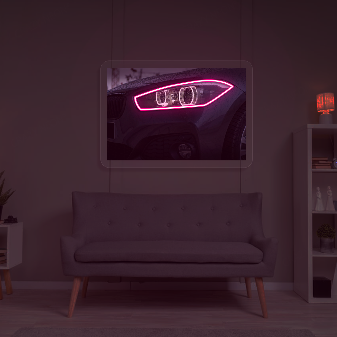Black BMW Headlight Neon Artwork | Pink