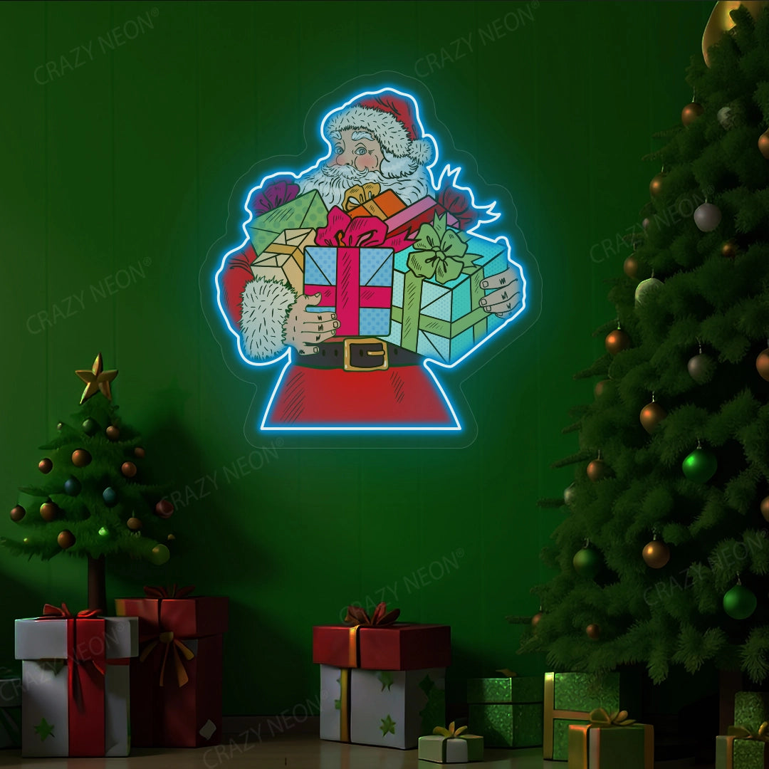 Santa Claus With Gift Neon Sign | Ice Blue