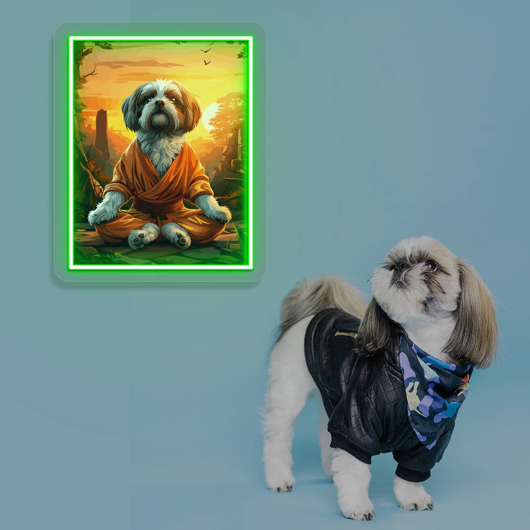 Sunset Zen Shih Tzu Monk Neon Artwork in Green color