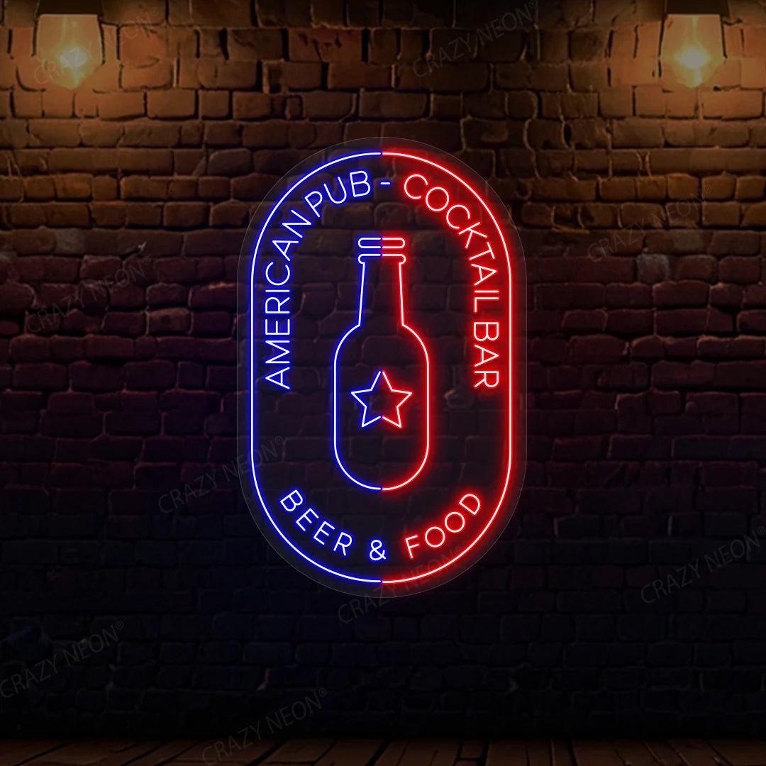 American Pub Cocktail Bar Beer & Food Neon Sign | Blue