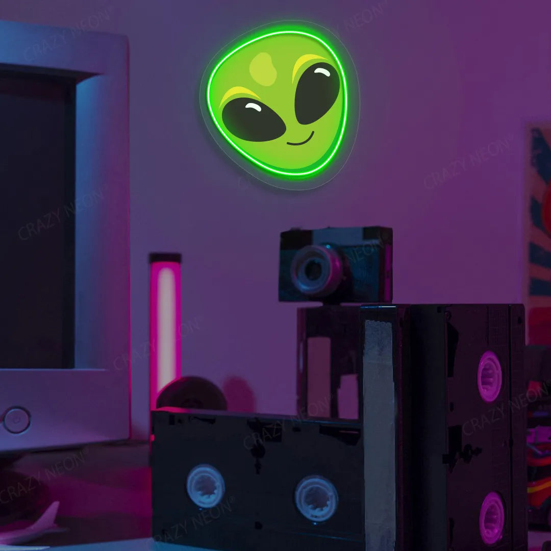 Alien Smiley Face Emoji Neon Artwork | Green