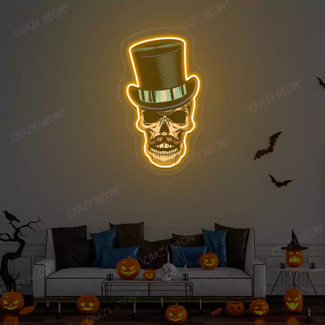 Top Hat Skull Neon Artwork | Orange