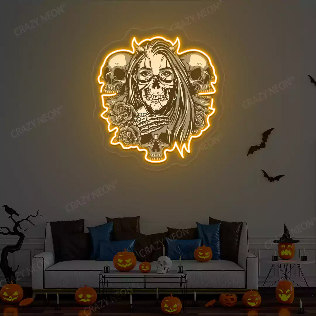 Gothic Skulls & Roses Neon Artwork | Orange