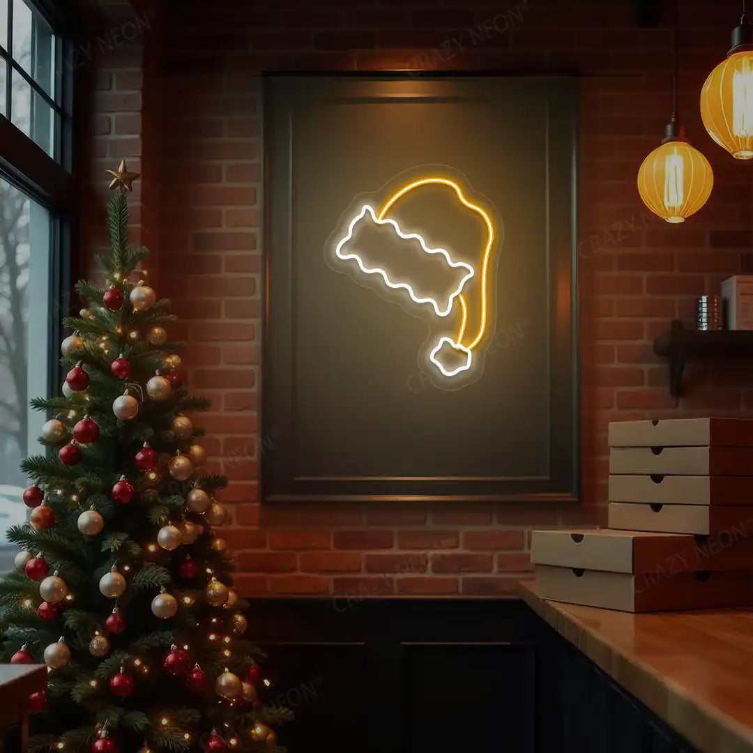 Furry Trim Santa Hat Neon Sign | Orange