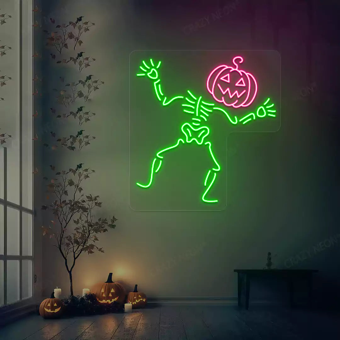 Dancing Pumpkin Skeleton Neon Sign | Green