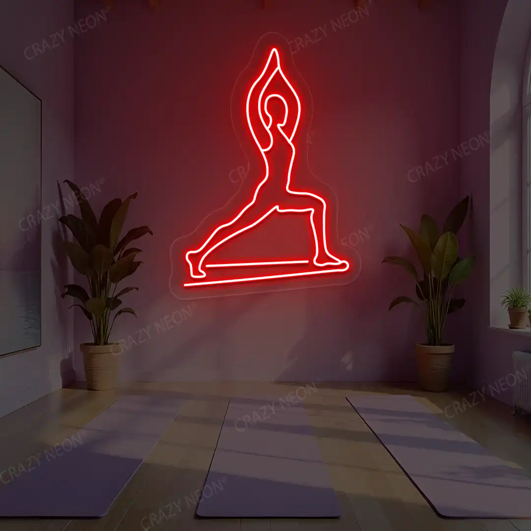 Virabhadrasana I Yoga Neon Sign lighting up in red color in a yoga room