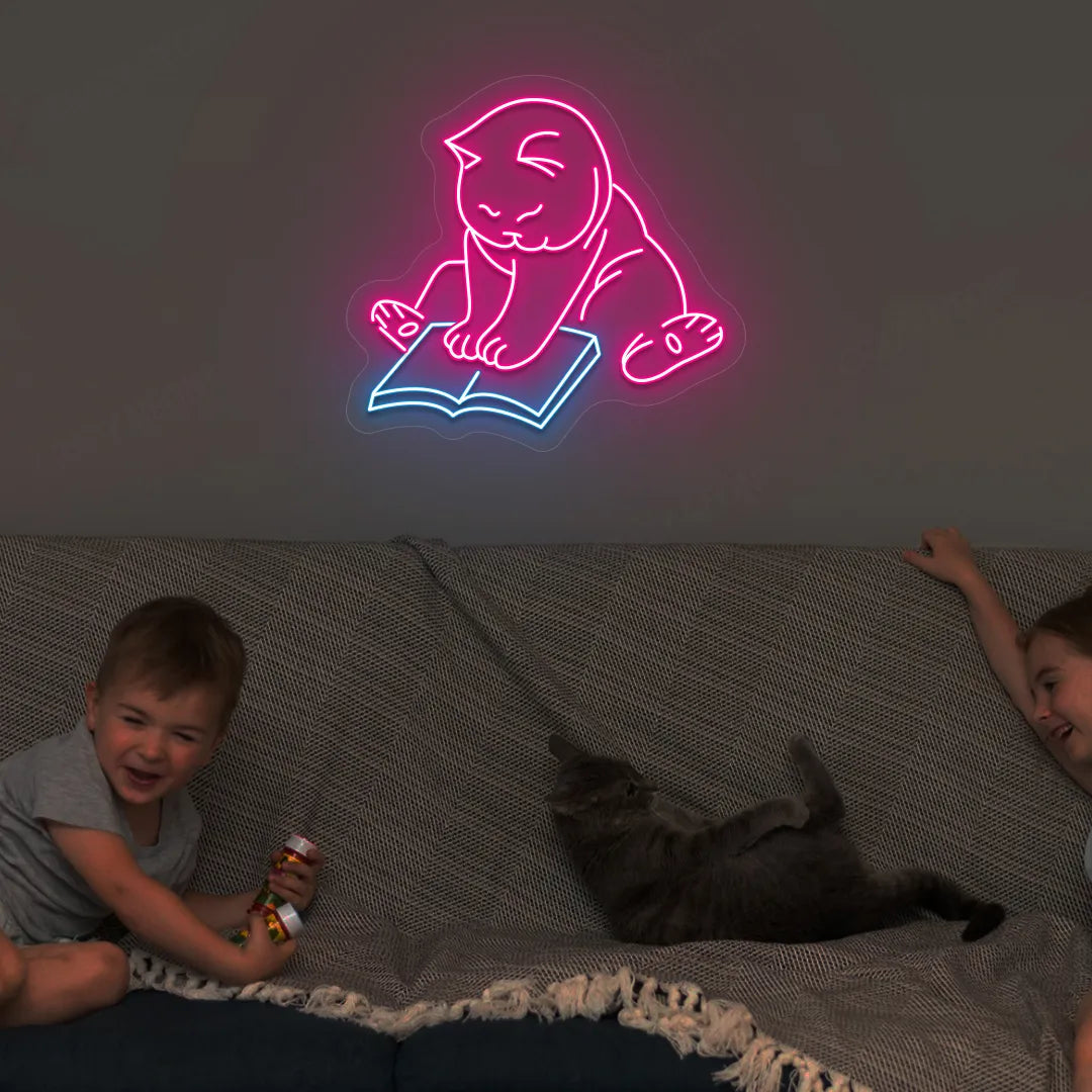 Bookworm Cat Neon Sign | Iceblue