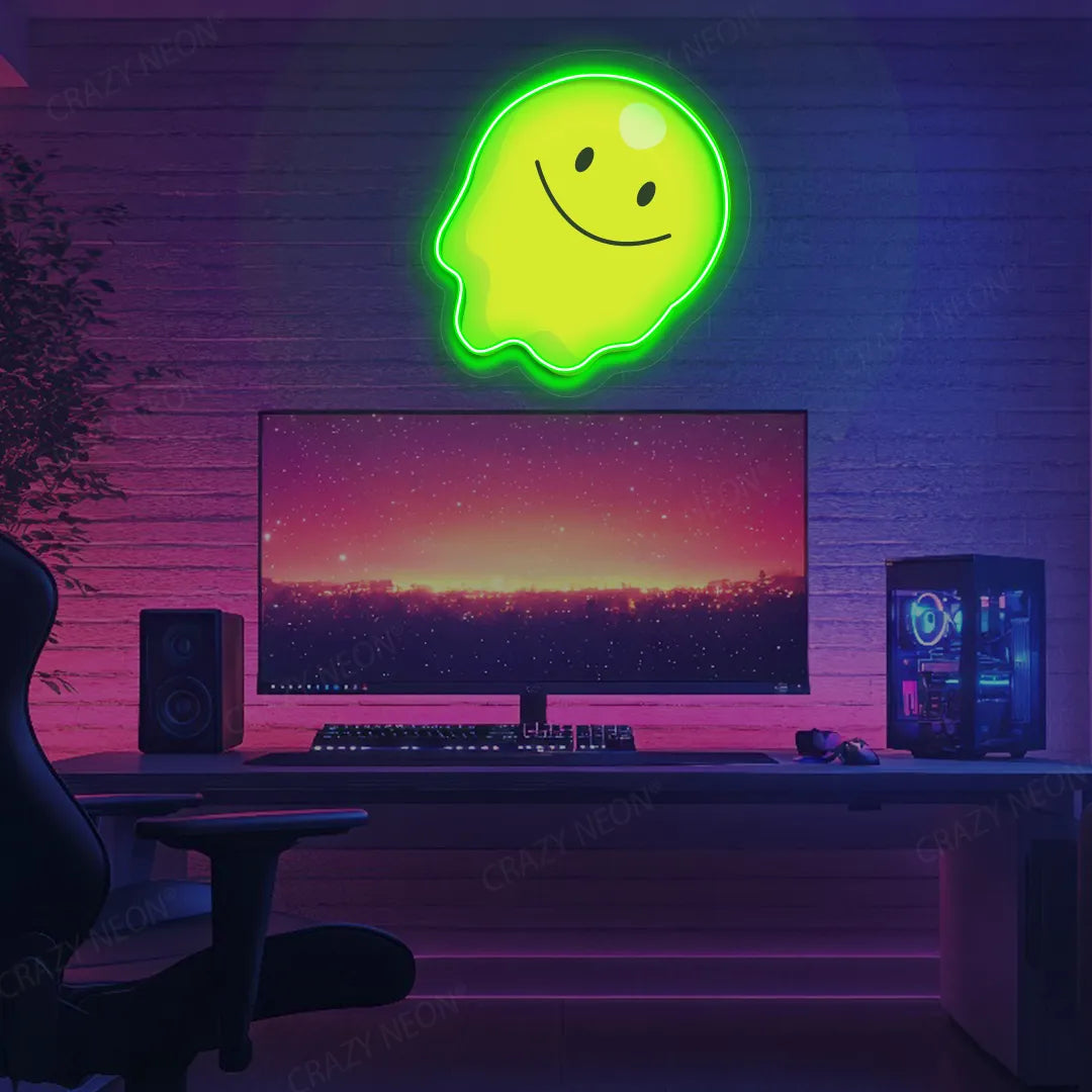 Melting Smiley Face Emoji Neon Artwork | Green