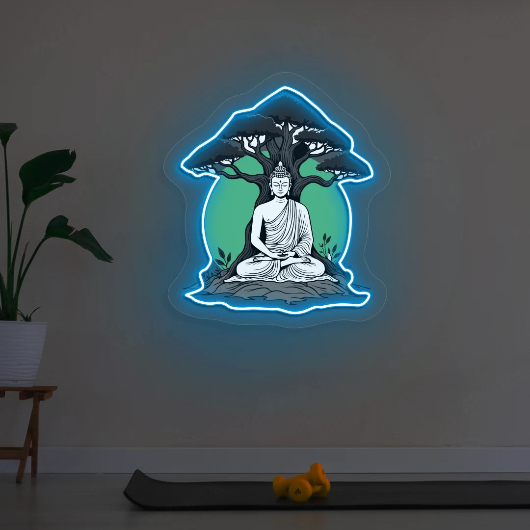 Buddha under Bodhi Neon Artwork lighting up in Iceblue color in room