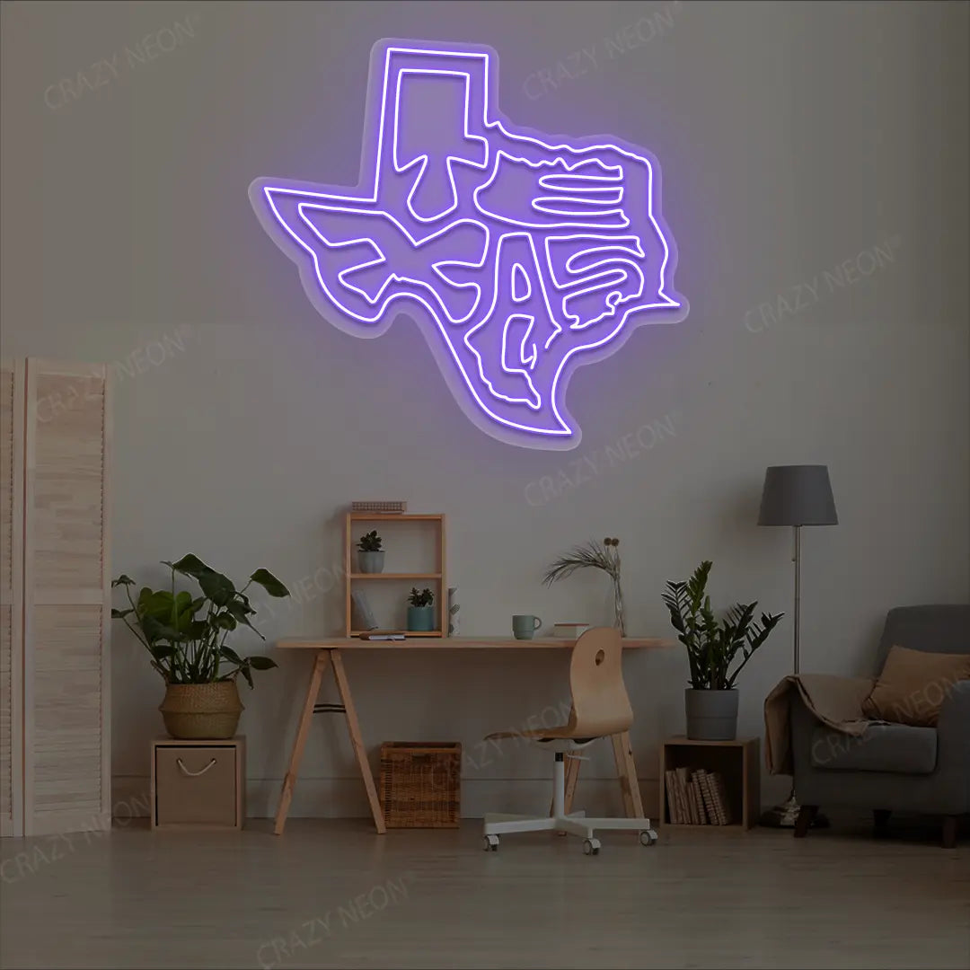 TEXAS Map Neon Sign lighting up in purple color in a room
