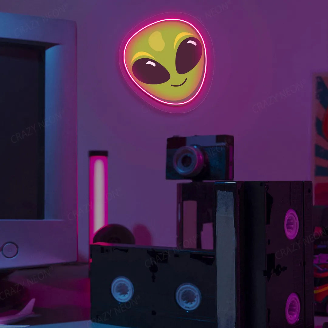Alien Smiley Face Emoji Neon Artwork | Pink
