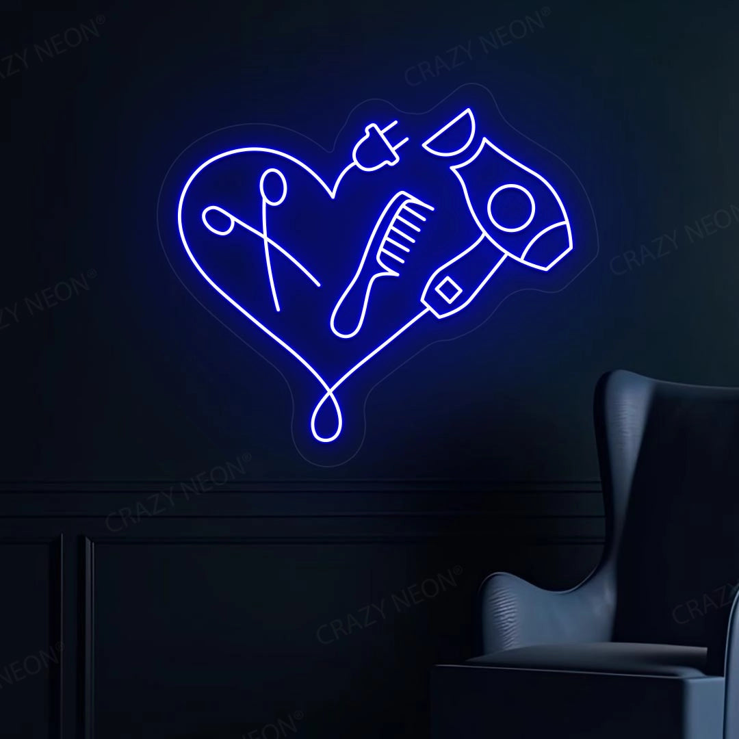 Hair Dryer Combs Clippers Heart Neon Sign | Blue