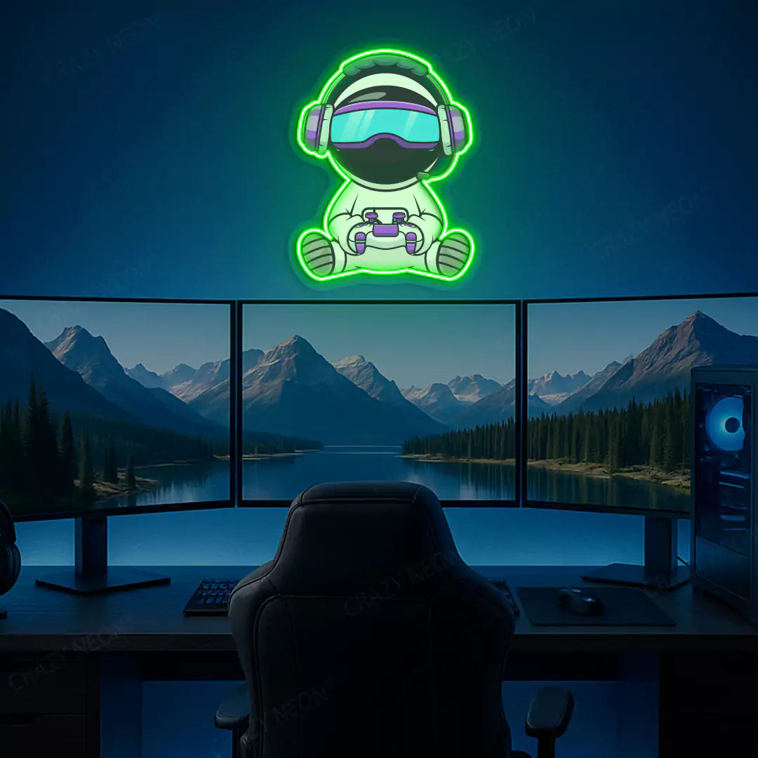 Kid Astronaut VR Gamer Neon Artwork in Green Color mounted on Wall