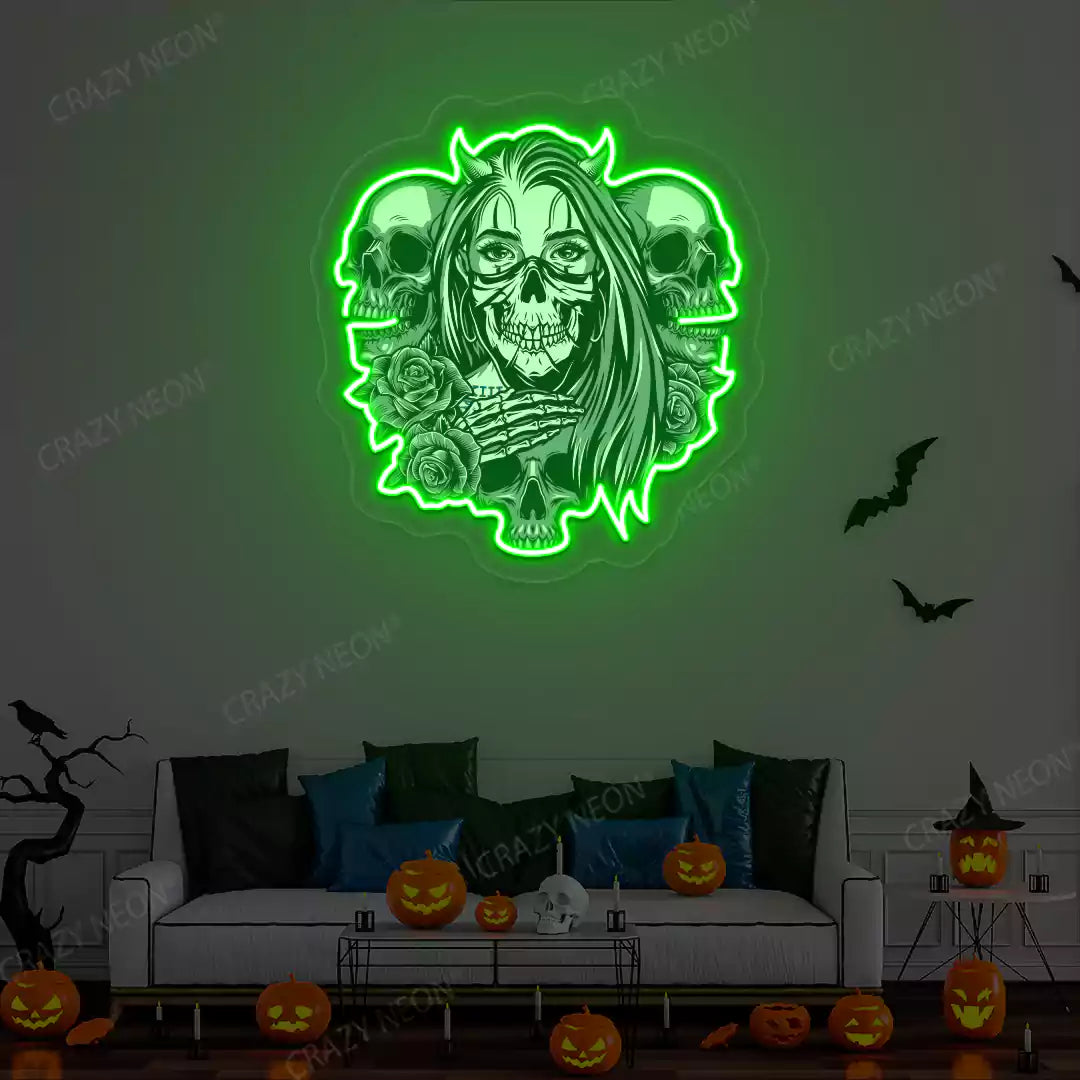 Gothic Skulls & Roses Neon Artwork | Green