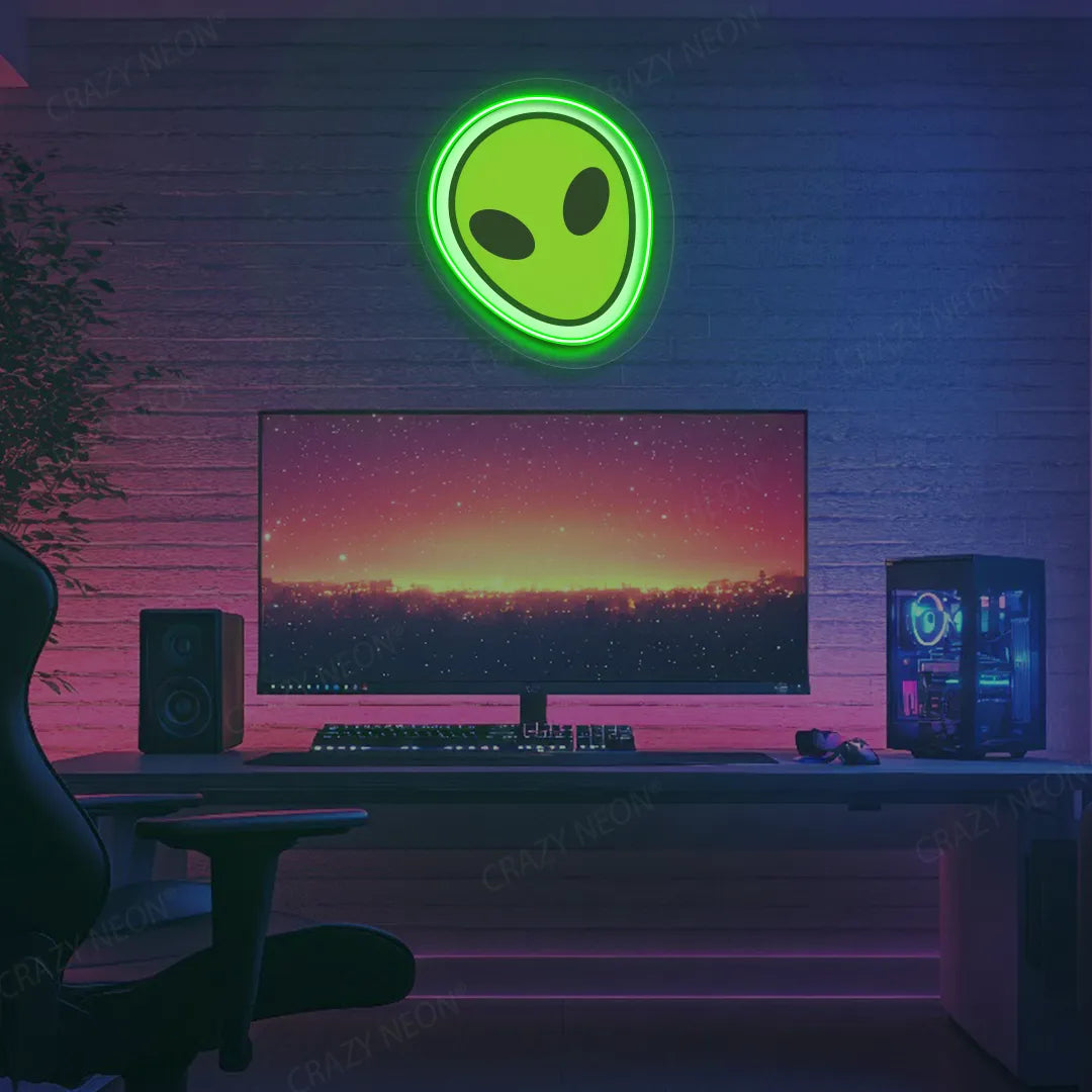 Alien Face Emoji Neon Artwork | Green