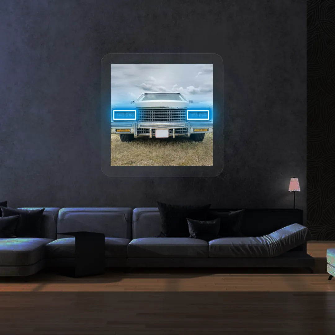 Classic American Coupe Headlight Neon Artwork | Iceblue