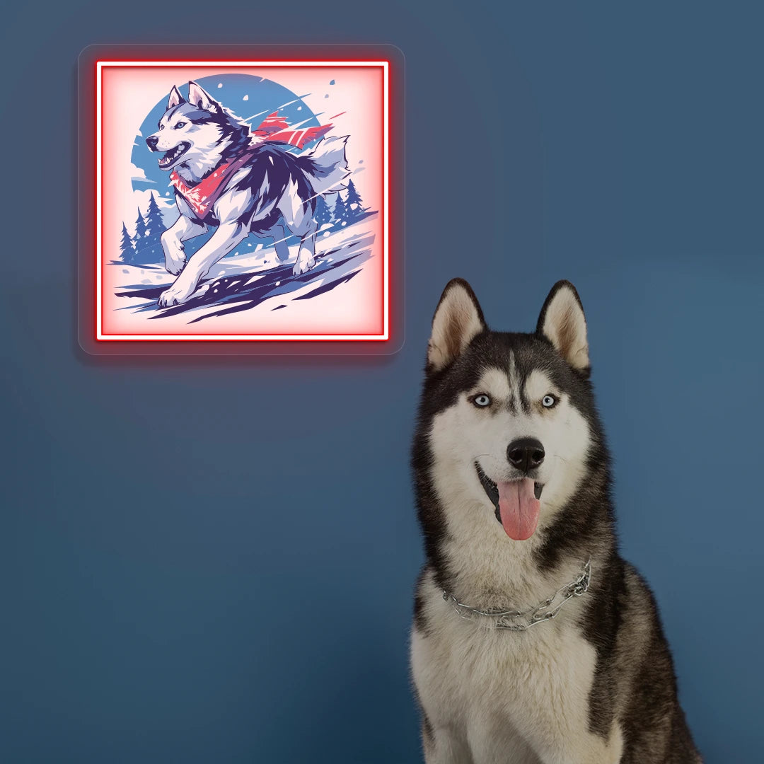 Snow Trail Husky Portrait Neon Artwork in red color