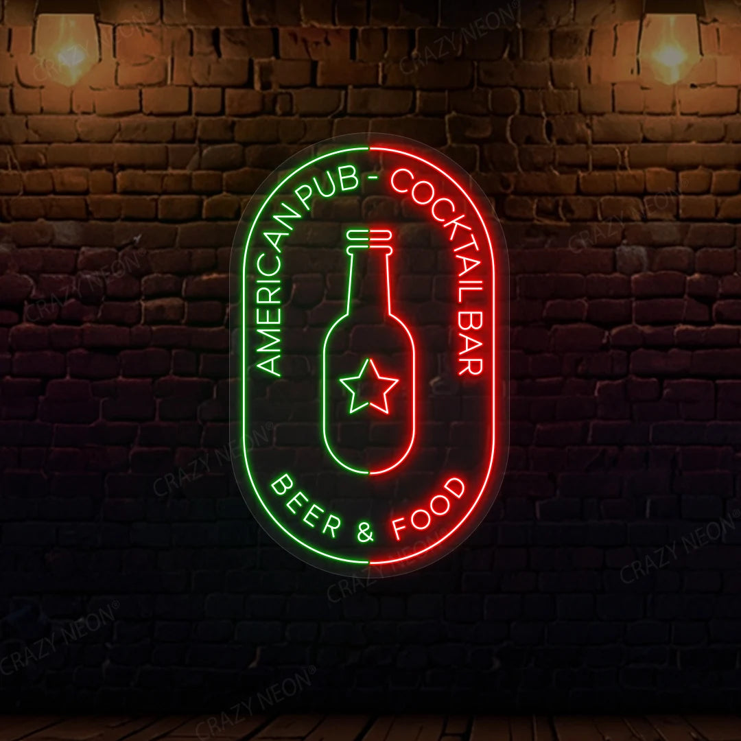 American Pub Cocktail Bar Beer & Food Neon Sign | Green