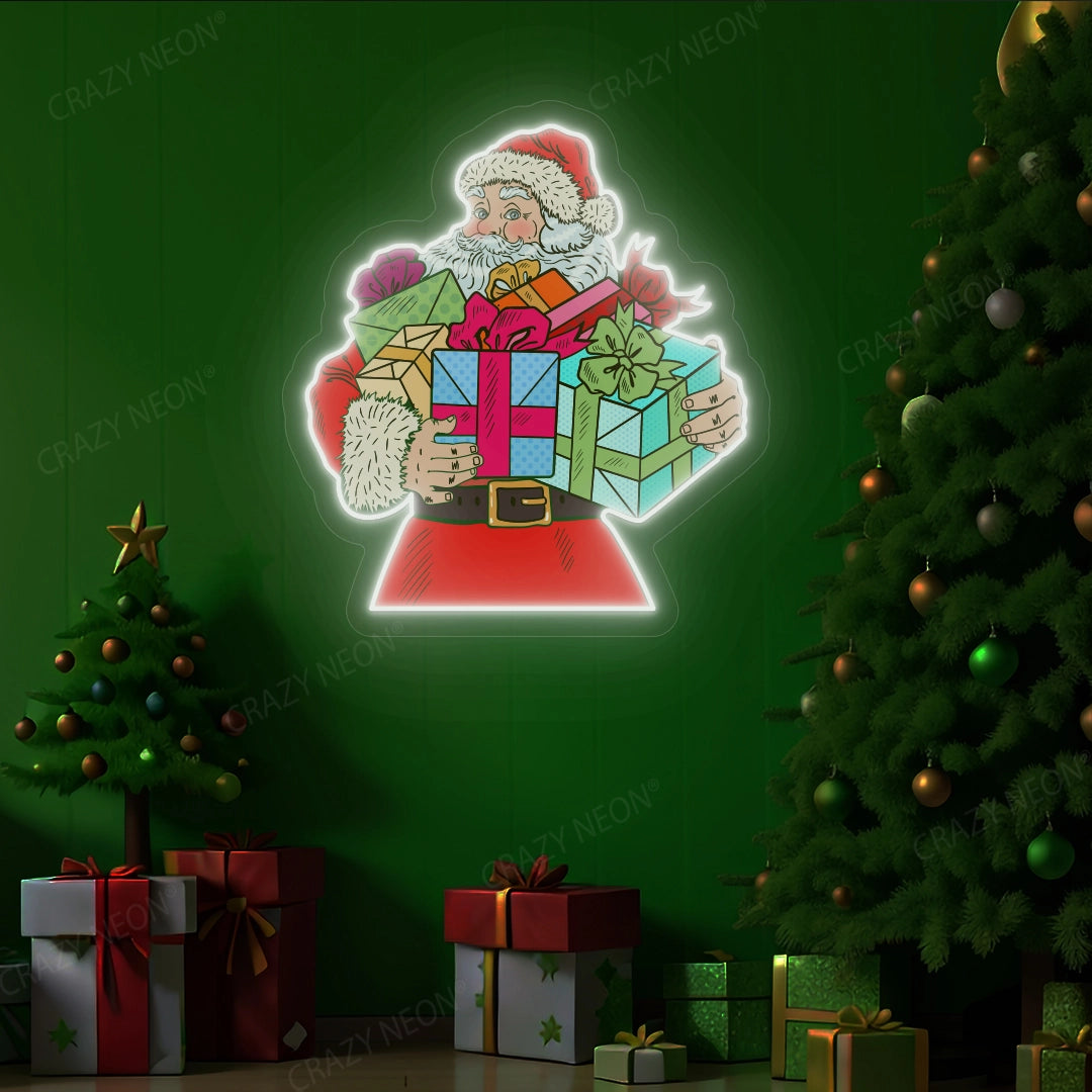 Santa Claus With Gift Neon Sign | White