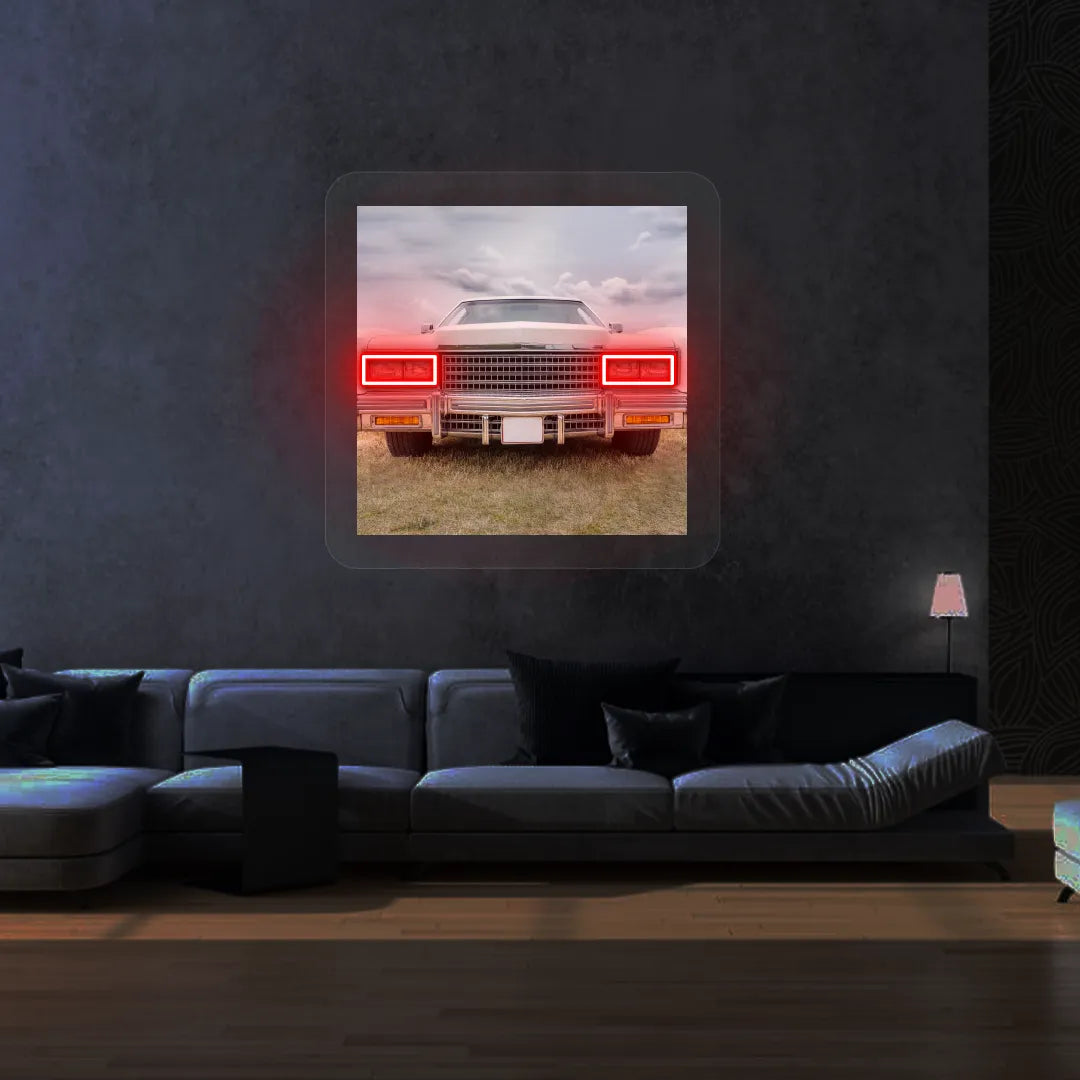 Classic American Coupe Headlight Neon Artwork | Red