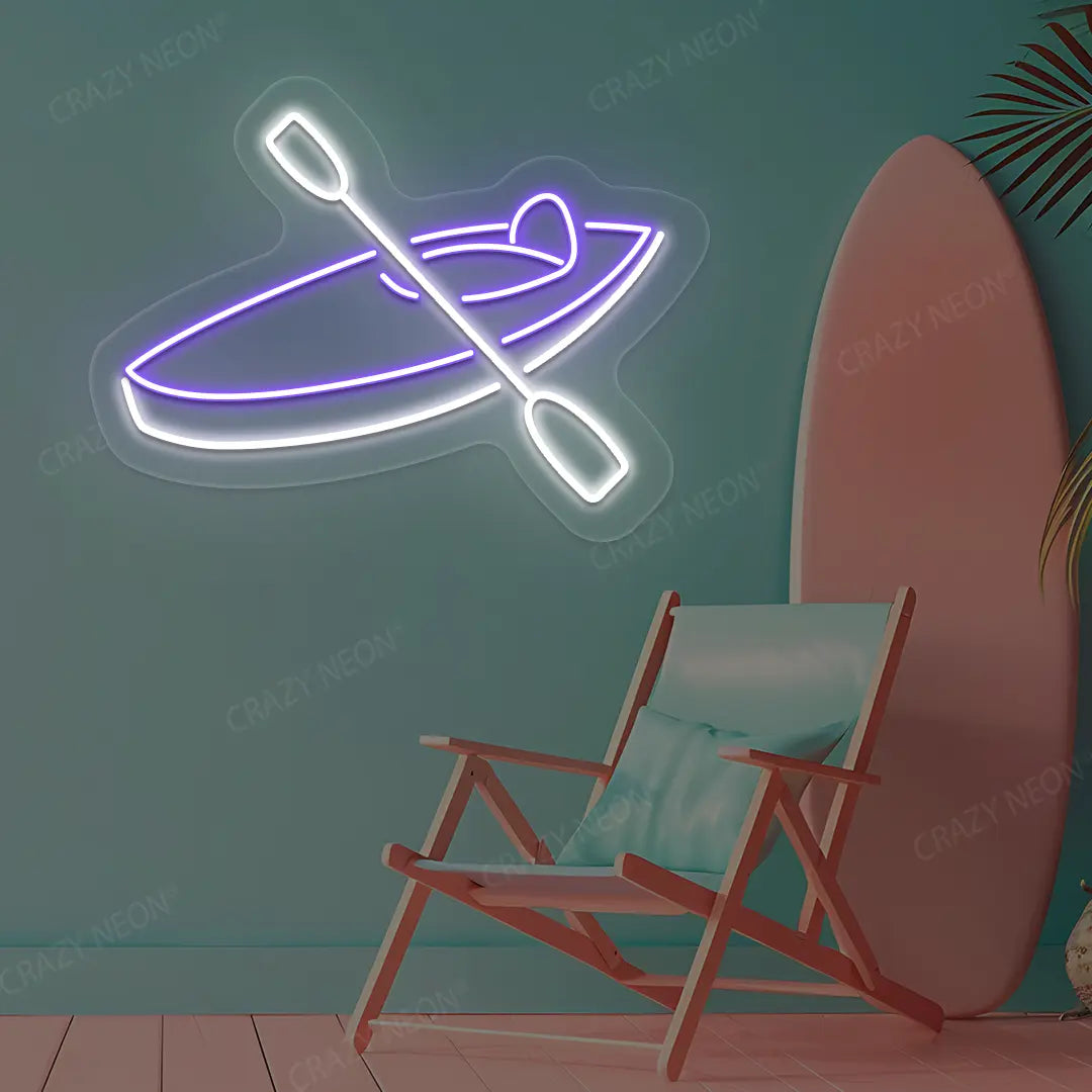 purple and white boat paddle neon sign mounted on a wall