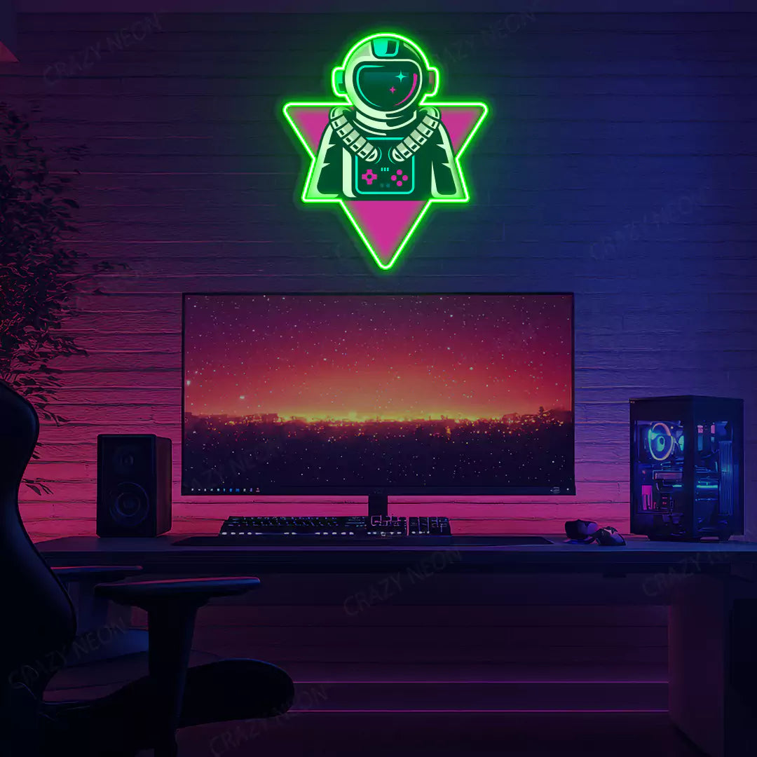 Astronaut Gaming Neon Artwork in Green Color mounted on Wall