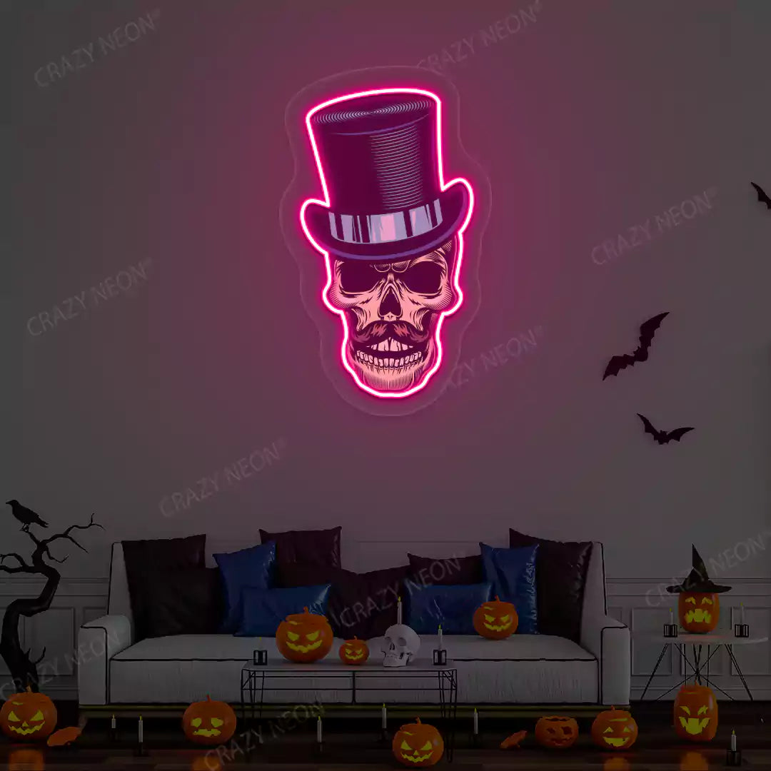 Top Hat Skull Neon Artwork | Pink