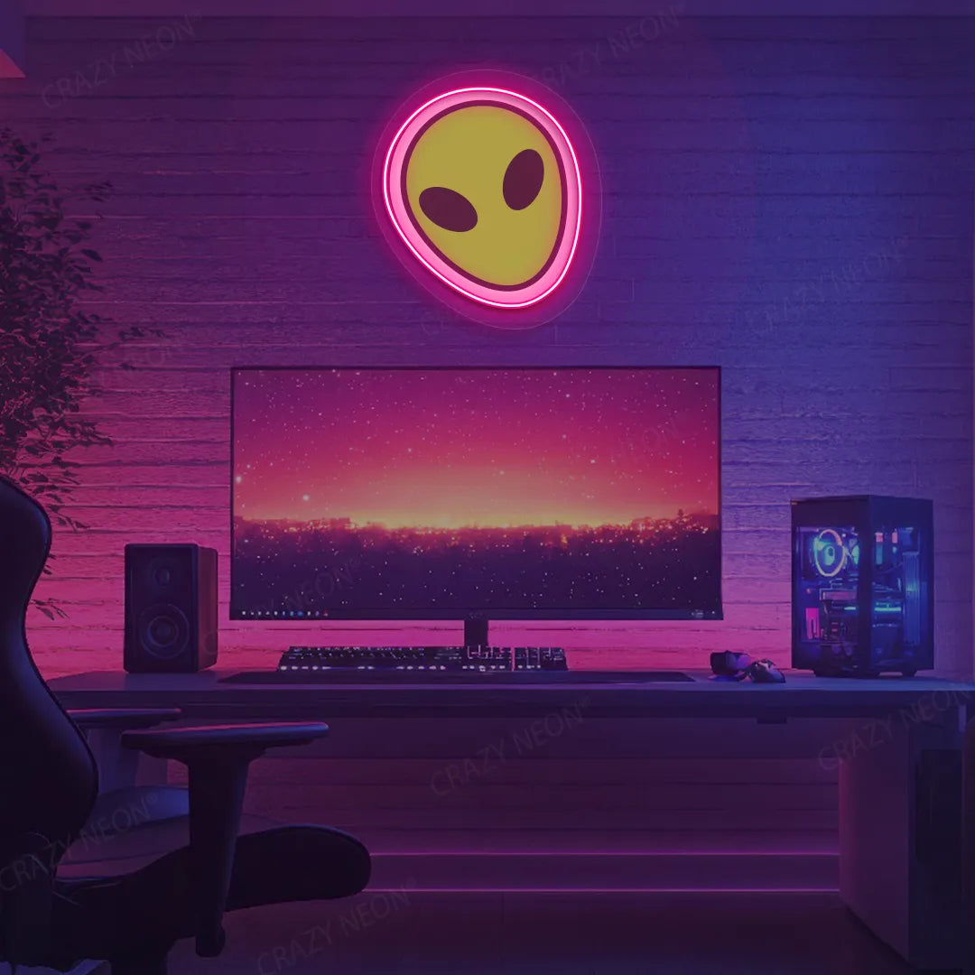 Alien Face Emoji Neon Artwork | Pink