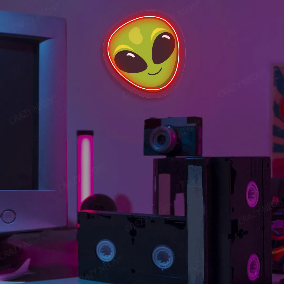 Alien Smiley Face Emoji Neon Artwork | Red