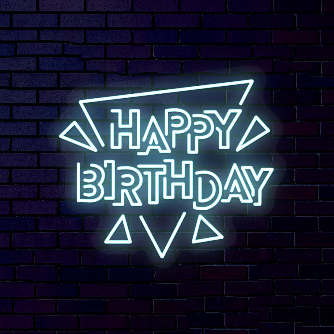 Happy Birthday Neon Sign - Triangle Shape | Iceblue