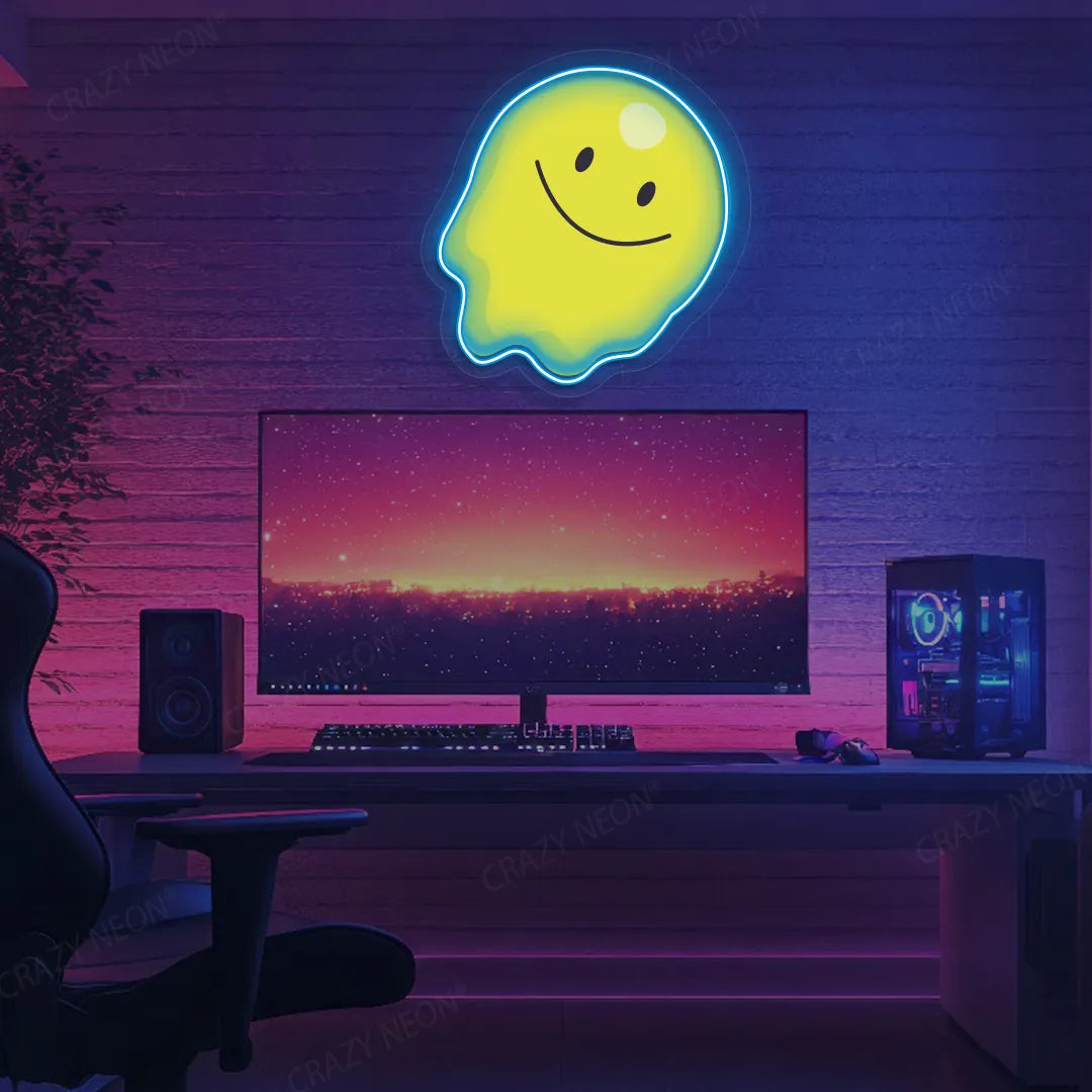 Melting Smiley Face Emoji Neon Artwork | Iceblue