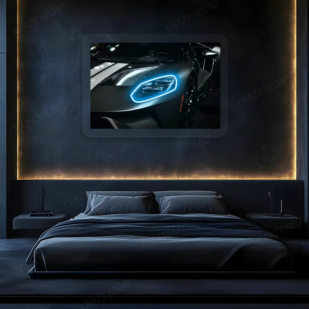 GT supercar Headlight Neon Artwork | Iceblue