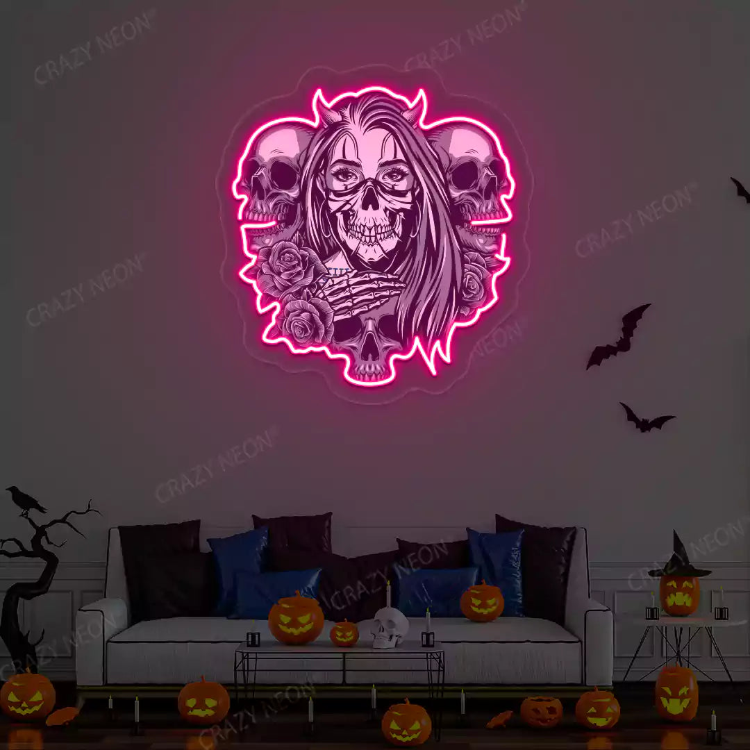 Gothic Skulls & Roses Neon Artwork | Pink
