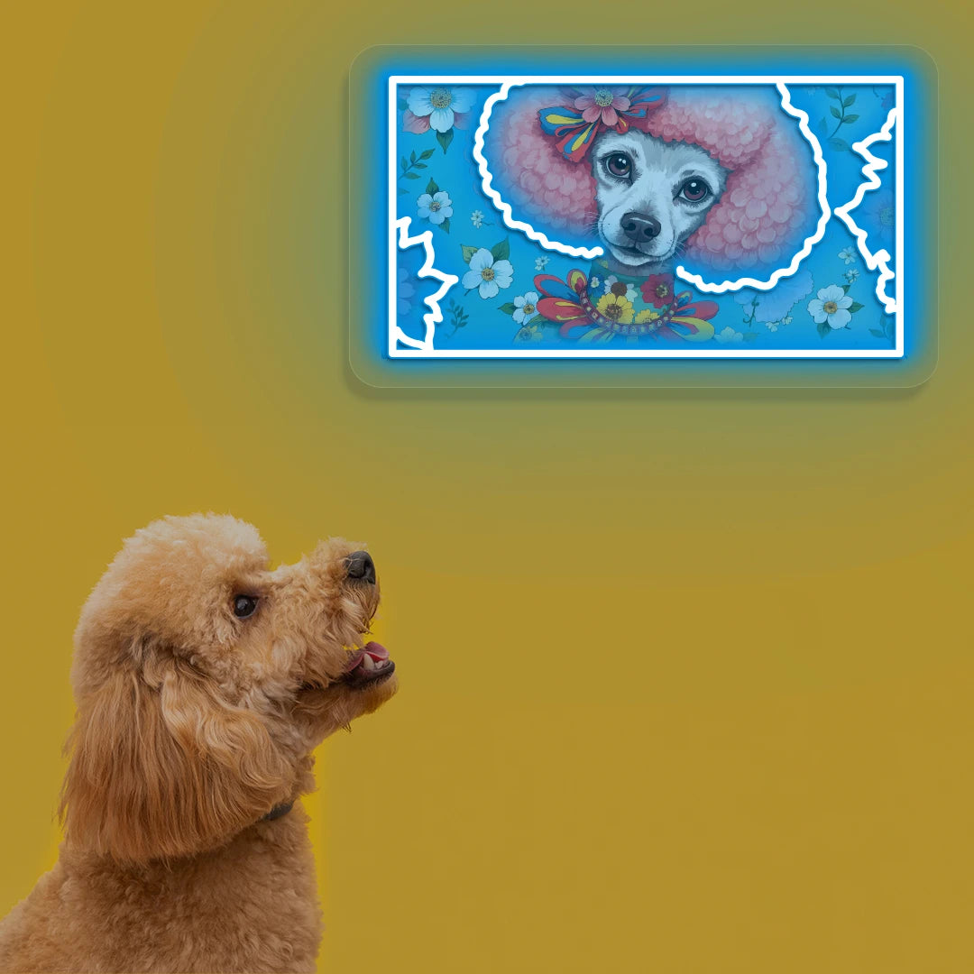 Floral Funky Poodle Portrait Neon Artwork in iceblue color