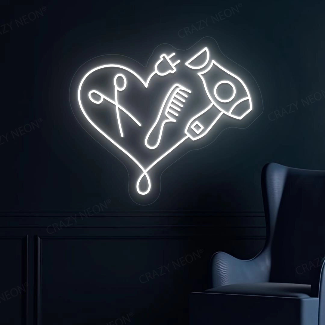 Hair Dryer Combs Clippers Heart Neon Sign | White