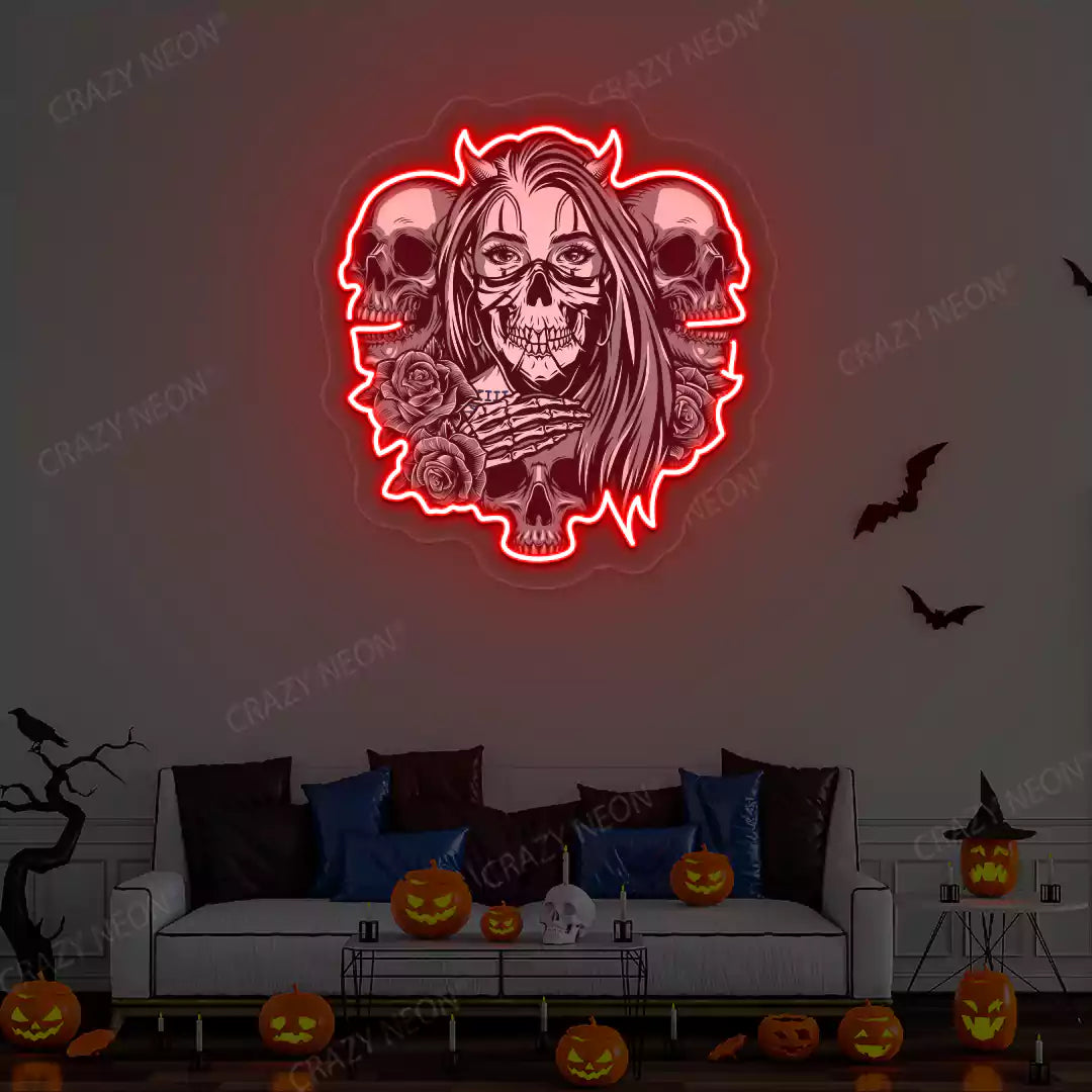 Gothic Skulls & Roses Neon Artwork | Red
