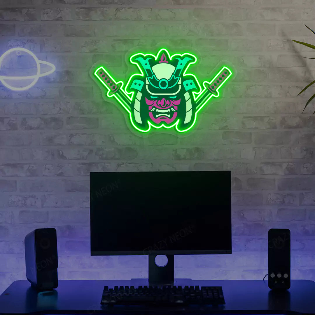 Samurai Mask Neon Artwork in Green color Mounted on Wall