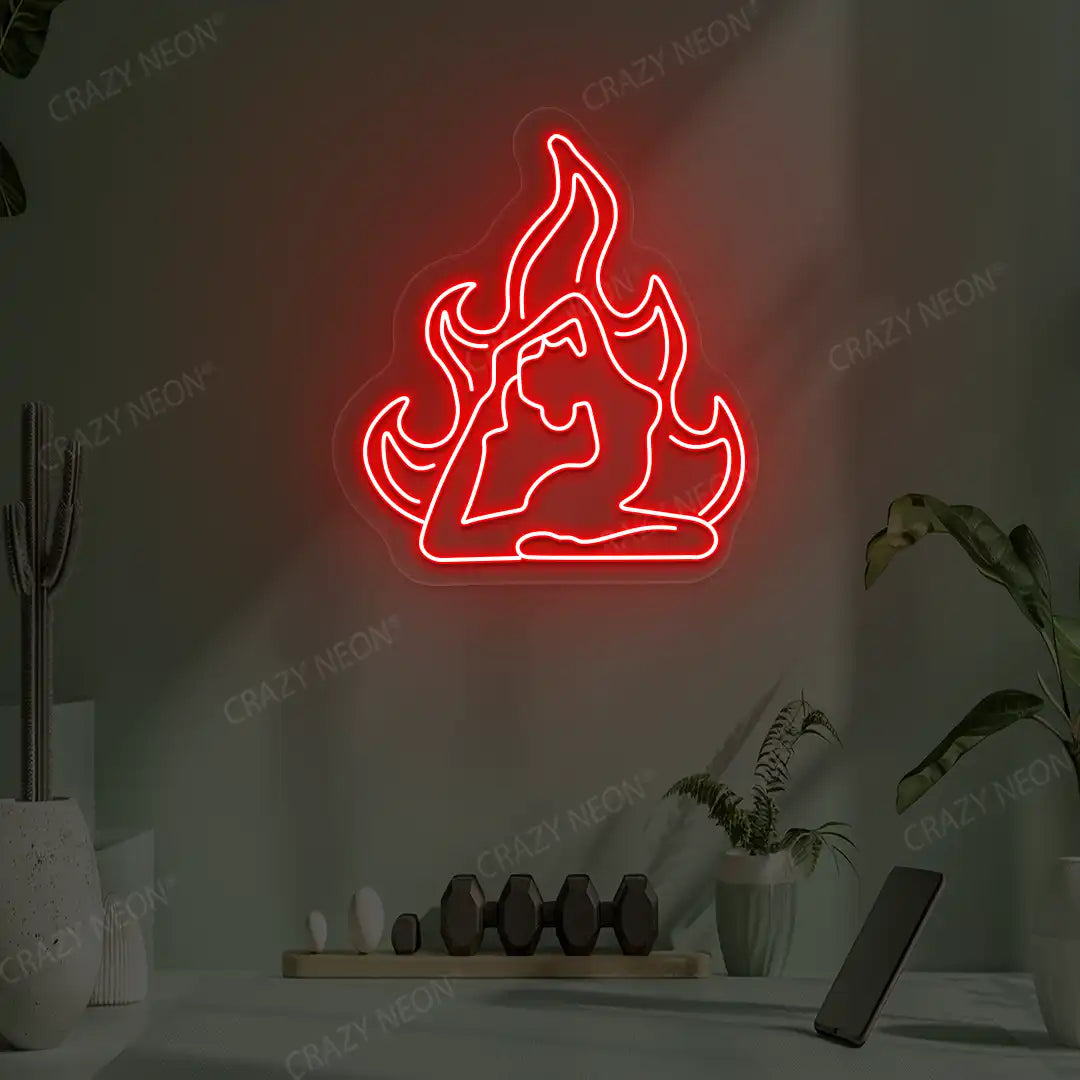 Flamed Eka Pada Rajakapotasana Yoga Neon Sign lighting up in red color in a yoga room
