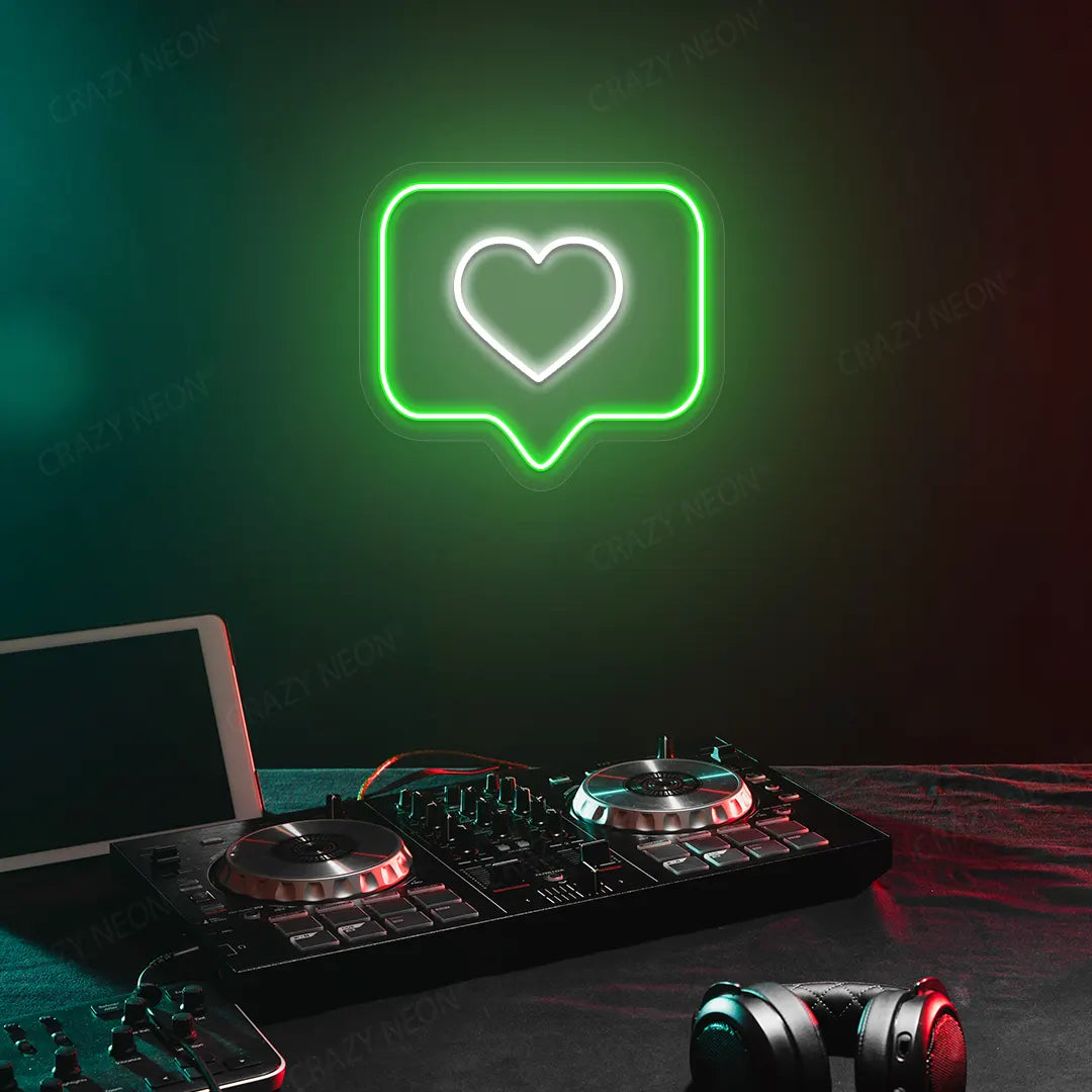 Like Heart Neon Sign in Green Color Mounted on a wall