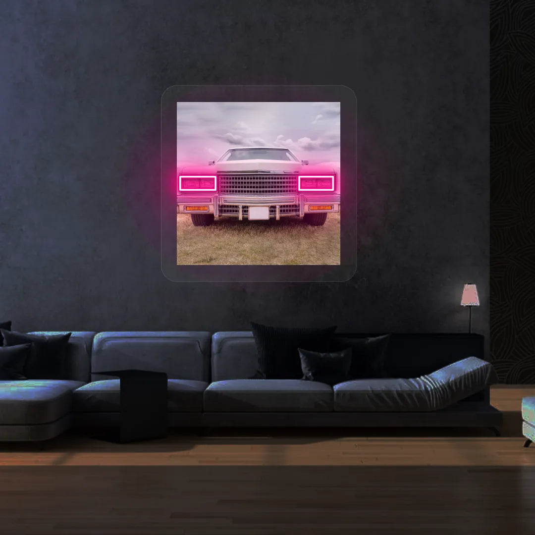 Classic American Coupe Headlight Neon Artwork | Pink