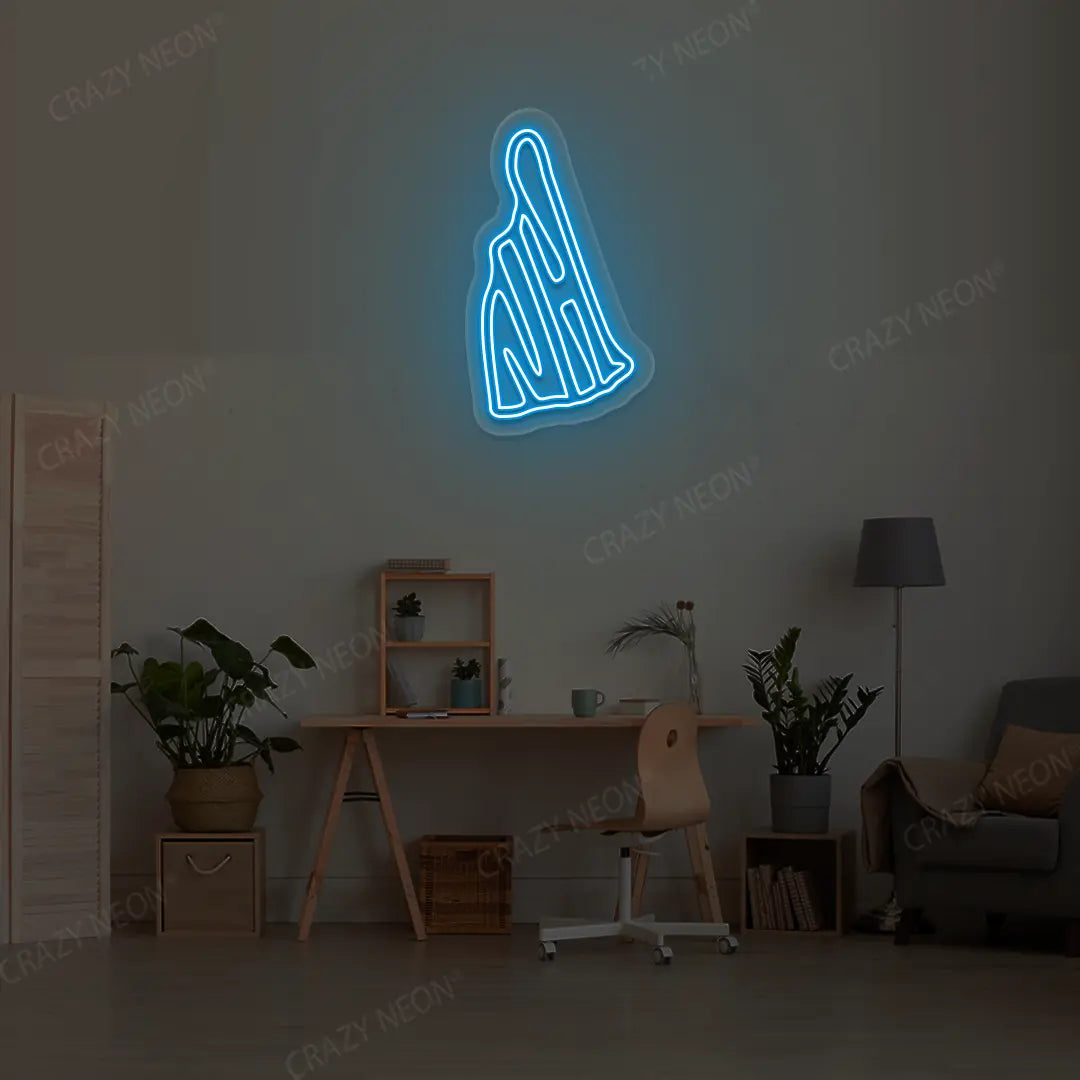 NEW HAMPSHIRE Map Neon Sign lighting up in iceblue color in a room